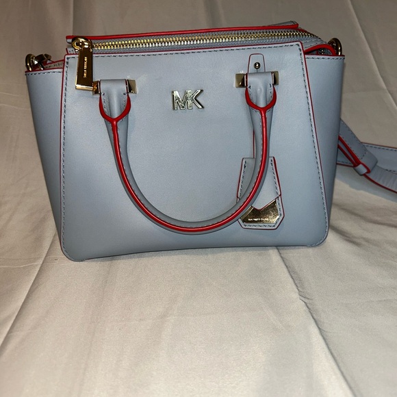 Michael Kors Nolita medium satchel in pale blue leather with red piping NWOT - Picture 3 of 10